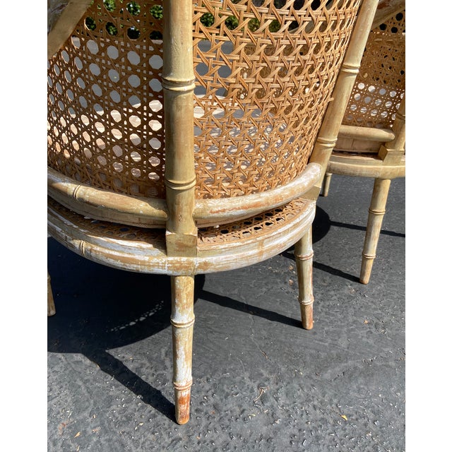 Hollywood Regency Barrel Back Faux Bamboo and Cane Chairs Circa 1960s