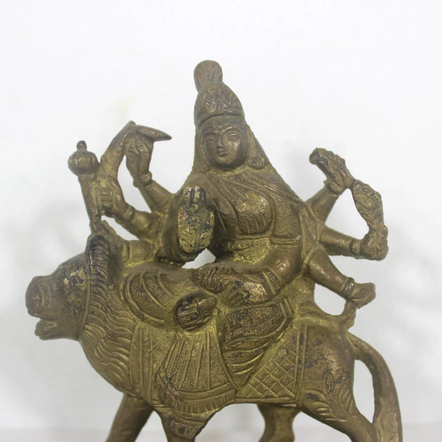 Metal Vintage Brass Statue of Hindu Goddess Durga Riding a Lion a Symbol of Strength Protection and Motherhood Shiva For Sale - Image 7 of 9