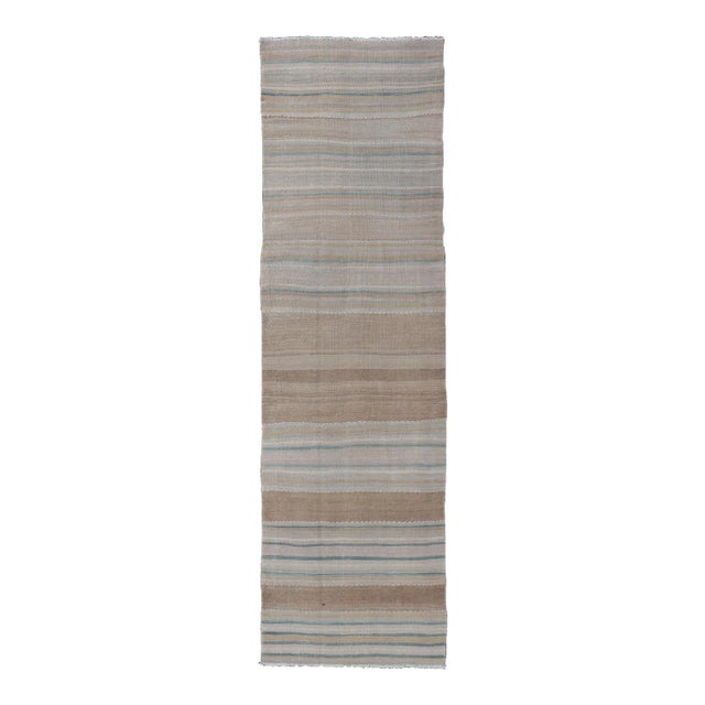 Mid 20th Century Vintage Turkish Kilim Rug With Horizontal Stipes in Light Brown Blue Taupe Multicolor For Sale