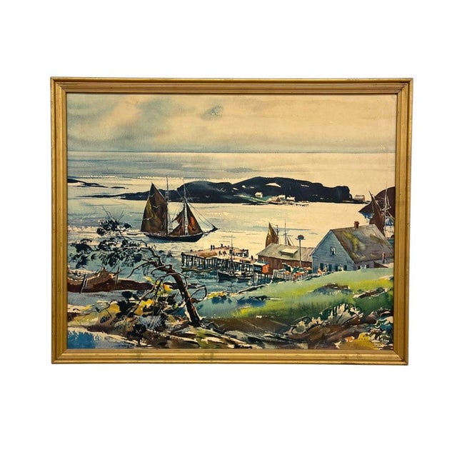 Coastal Vintage Framed Harbor Landscape Print by C. Ivar Gilbert - Coastal Sailboat & Village Scene, Gold-Tone Frame For Sale - Image 3 of 12