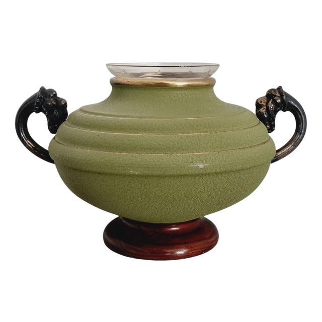 Swedish Grace Vase in Metal, Wood and Engraved Glass, 1930s For Sale