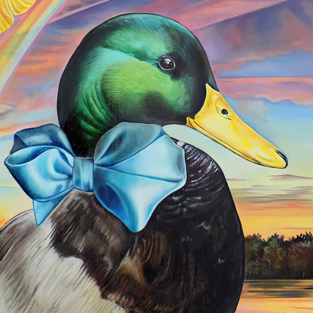 Contemporary Pink Dreams by Claudia Griesbach-Martucci | Oil on Artefex Duck with a bow tie and butterflies in a landscape For Sale - Image 3 of 5