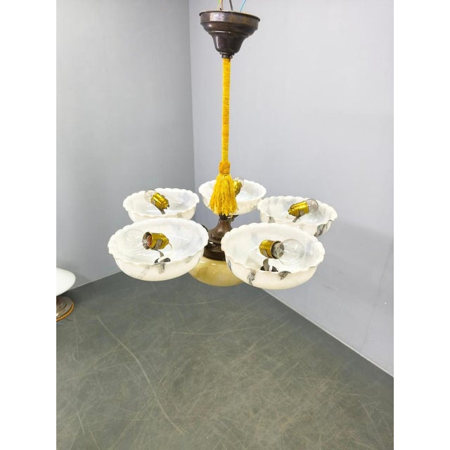 Czech Art Deco Brass Opaline Glass Chandelier, 1940s For Sale - Image 4 of 11