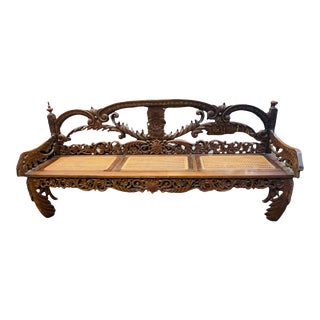 Antique Highly Carved West Indies British Colonial Caned Settee Sofa Bench For Sale