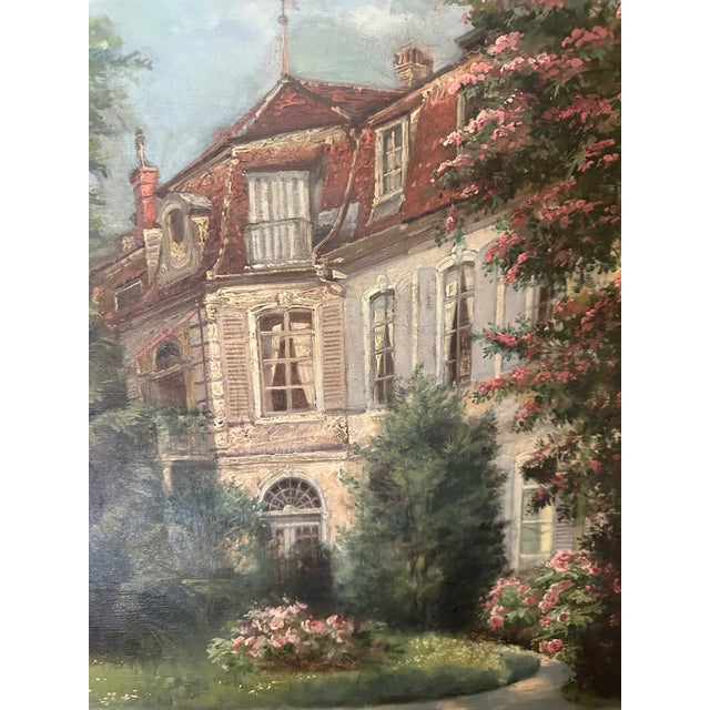 Antique European oil painting depicting a grand manor house, signed Arnold Stutz and dated 1907. Likely originating from...