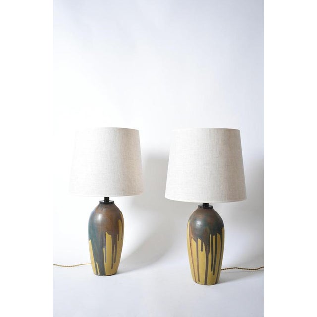Ochre and Brown Glaze Drips Lamps, 1930s, Set of 2 For Sale - Image 6 of 6
