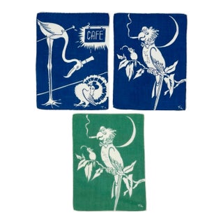 1930s Tom Lamb Blue Green Linen Art Deco Barware Cocktail Napkins- Set of 3 For Sale