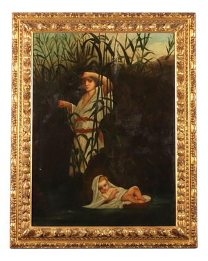 Moses Entrusted to the Waters of the Nile, Oil on Canvas, Framed