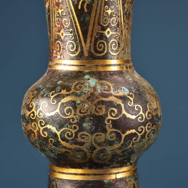 Bronze Gu Vase With Gold Inlay, Archaic Scroll & Script Motif, Chinoiserie Bronze Ritual Style Vessel For Sale - Image 4 of 10