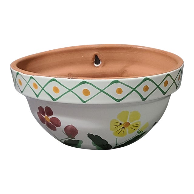 Late 20th Century Hand Painted Floral Italian Terra Cotta Wall Hanging Planter For Sale
