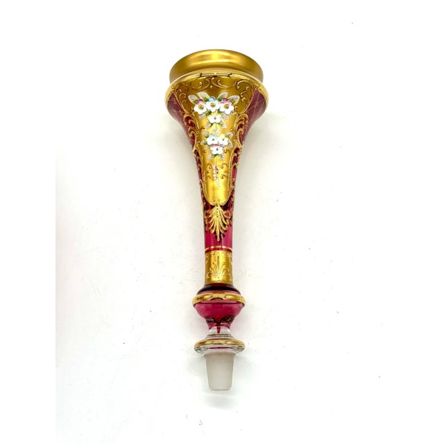 Gold Antique Moser Bohemian Cranberry Glass Epergne Gold Gilt With Raised Enamel Floral Design For Sale - Image 8 of 11