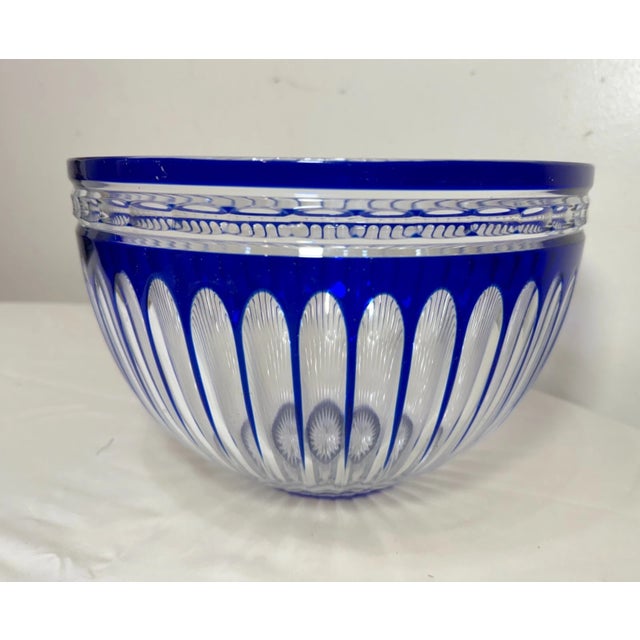 Vintage Bohemian Czech Centerpiece Cobalt Blue Cut to Clear Glass Crystal Bowl For Sale - Image 4 of 9
