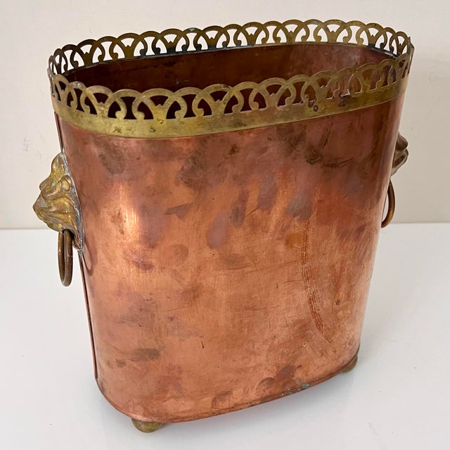 Elegant antique European copper planter dating from the late 19th to early 20th century, featuring a beautifully aged...