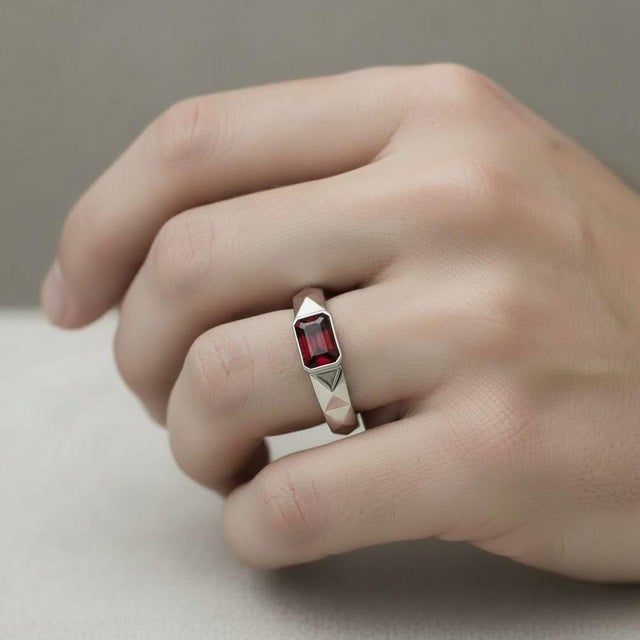 Metal Garnet Solitaire Ring for Men Silver, Gold, Size 10 For Sale - Image 7 of 7