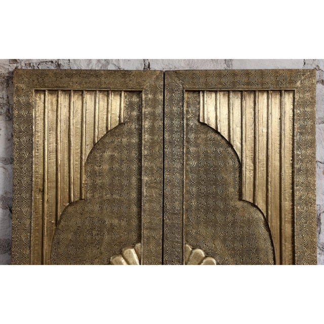 Mid-Century Modern Vintage Brass-Clad Hand-Carved Sliding Barn Door With Artisan Detailing 80x48 For Sale - Image 3 of 8
