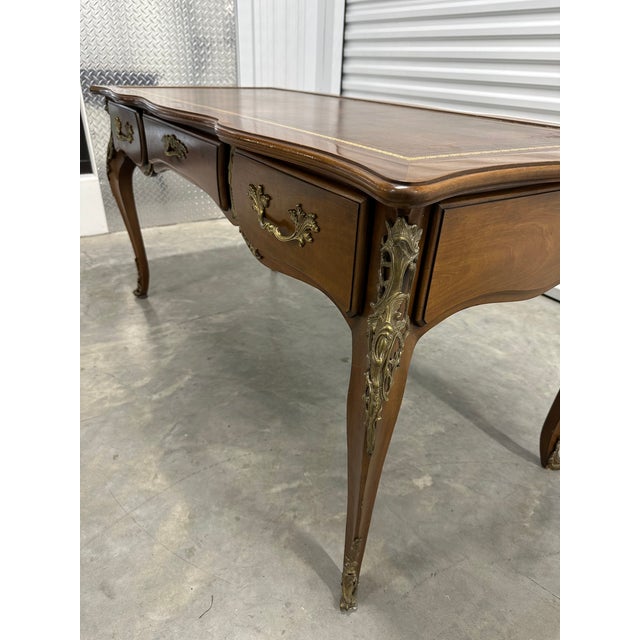 Karges Furniture Vintage Karges French Provincial Walnut Executive Writing Desk With Embossed Leather Top For Sale - Image 4 of 18