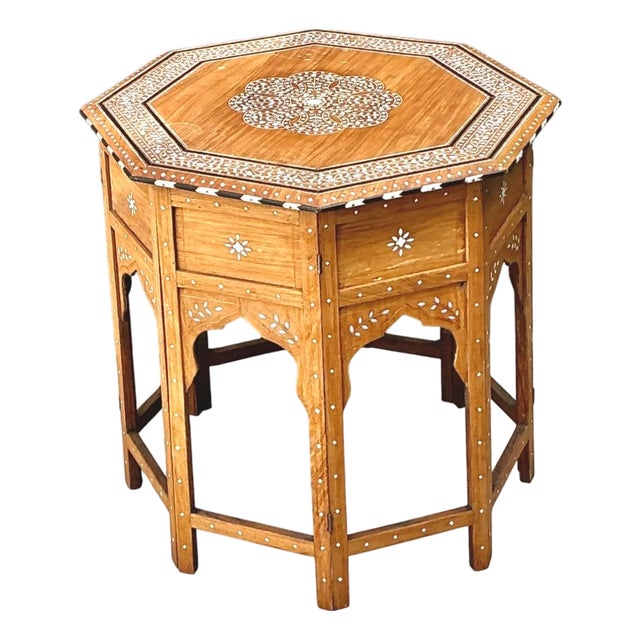 Vintage Inlaid Wood Octagonal Side Table For Sale