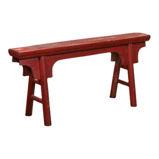 Distressed Red Lacquered Chinese Vintage Ming Style Bench with A-Form Base For Sale