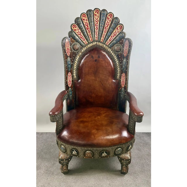 Spanish Revival Portuguese Colonial Style Leather & Filigree Design Throne Chair For Sale - Image 3 of 12