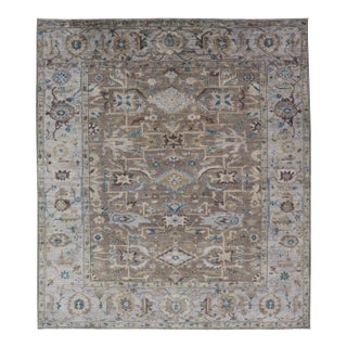 Modern Heriz Geometric Rug in Earthy Browns and Soft Blues 9'0 X 10'6 For Sale