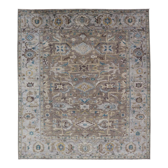 Modern Heriz Geometric Rug in Earthy Browns and Soft Blues 9'0 X 10'6 For Sale
