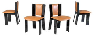 Italian Modern Black Lacquered Brown Leather Chairs Acerbis International, 1980s, Set of 4