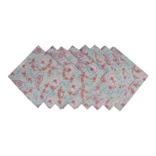 Late 20th Century Blue Pink Floral Paisley Cotton Table Napkin Made in Britain - Set of 8 For Sale