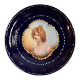 Antique Vienna Style Cobalt Blue Porcelain Cabinet Portrait Plate Hand Painted For Sale
