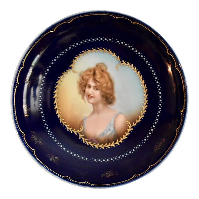 Antique Vienna Style Cobalt Blue Porcelain Cabinet Portrait Plate Hand Painted For Sale