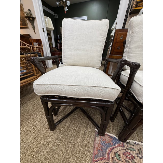 Set of 4 Vintage Ebony Lacquered Rattan Chairs With New Performance Fabric Upholstery For Sale - Image 10 of 12