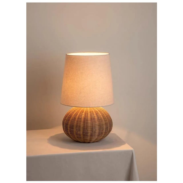 Light beige linen shade + spherical rattan body, LED warm soft light. Fits wabi-sabi/natural spaces, adds fresh coziness.