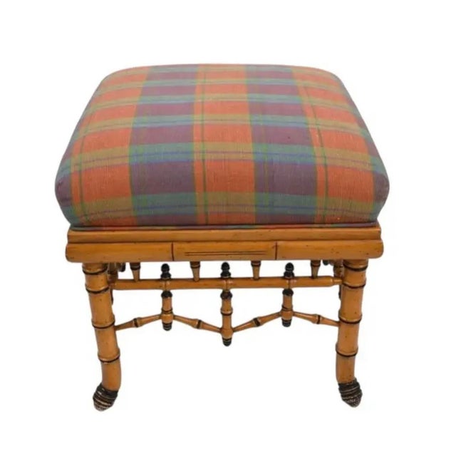 Ornamental & Decorative Materials William Switzer Faux Bamboo Ottoman - BenchWith Plaid Upholstery For Sale - Image 7 of 15