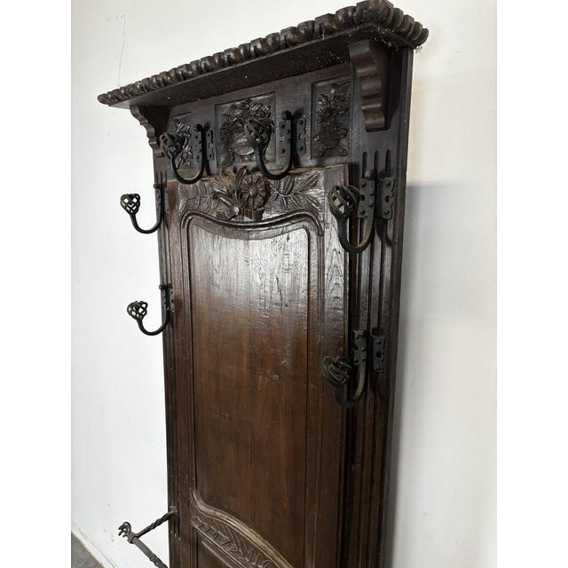 Carved Oak Entryway Coat Rack with Wrought Iron Hooks For Sale - Image 4 of 6