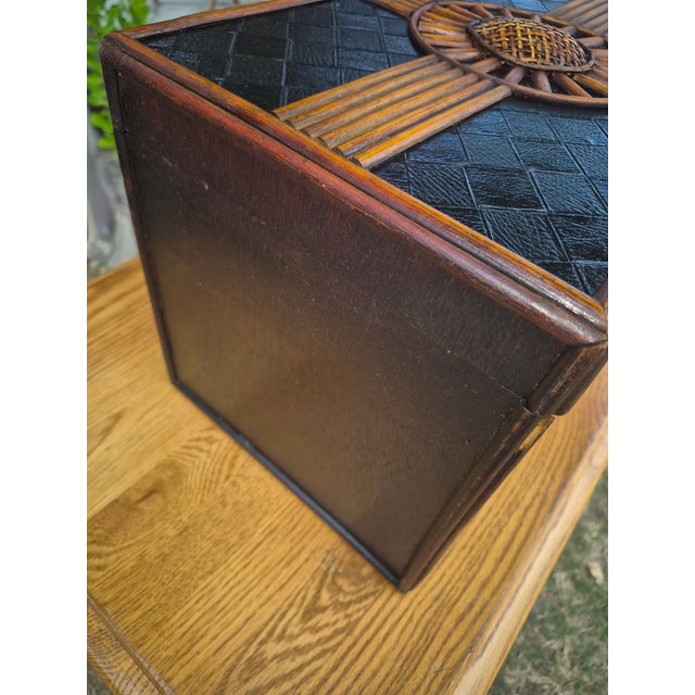 Mid 20th Century Bohemian Woven Bamboo and Rattan Decorative Storage Chest With Sunburst Motif For Sale - Image 4 of 11