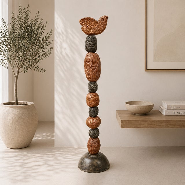 2020s Marc Zimmerman "Stone Perch 2" Glazed Ceramic Totem, 60 Inches Tall, Rounded Earth Tone Forms, Bird Crown, Contemporary Art West Coast For Sale - Image 5 of 7