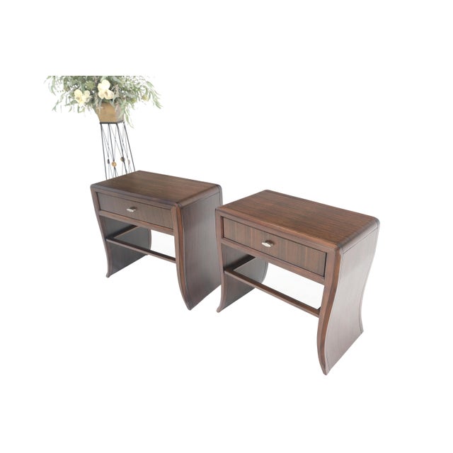 Pair Century Walnut Waterfall Brand New Old Stock Two Tier Night Tables Stands For Sale - Image 9 of 14
