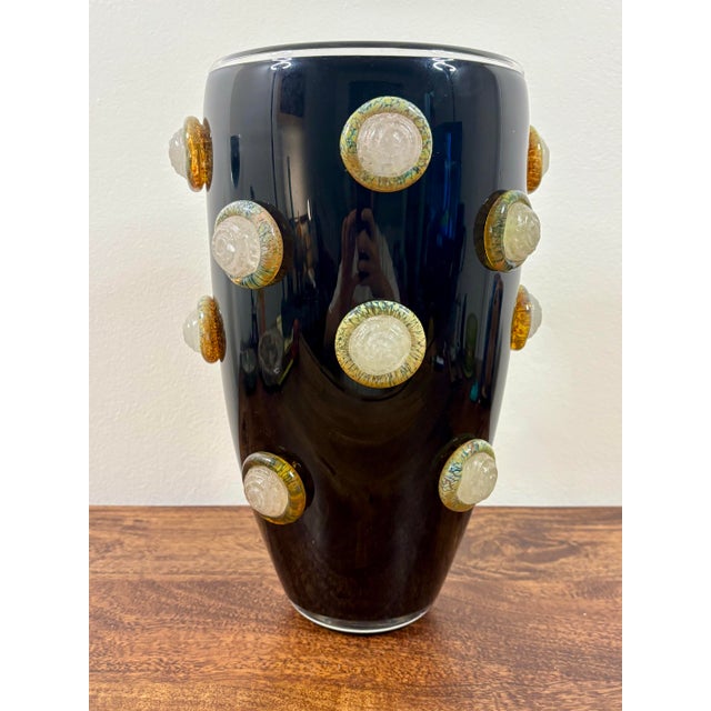 Vintage Monumental Murano Black Glass Vase With Applied Glass Rose Medallions For Sale - Image 10 of 10