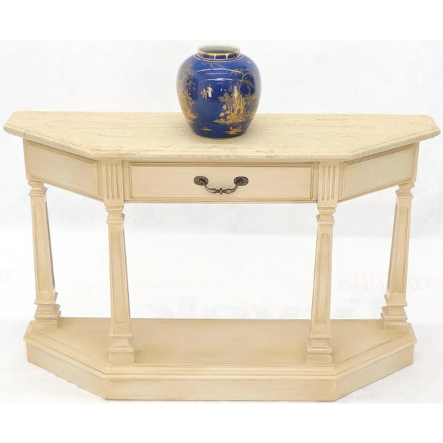 Mid 20th Century White Wash Finish One Drawer Wrap Around Shape Marble Top Console For Sale - Image 5 of 13
