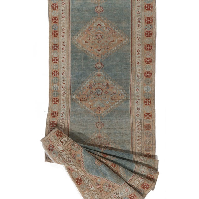 Antique Circa 1920 Blue Malayer Hand Knotted Runner 3ft 2in X 15ft 1in For Sale - Image 11 of 11