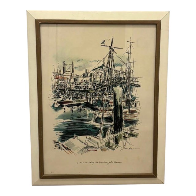 1950s John Hayman Framed Signed Drawing Fisherman's Wharf San Francisco Ships For Sale