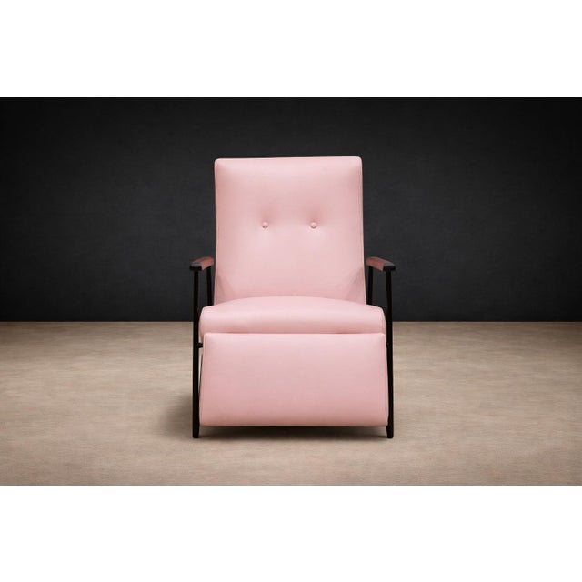 Pink Brazilian Modern Reclining Chair in Metal, Hardwood & Leather, Ernesto Hauner, 1960s For Sale - Image 8 of 15