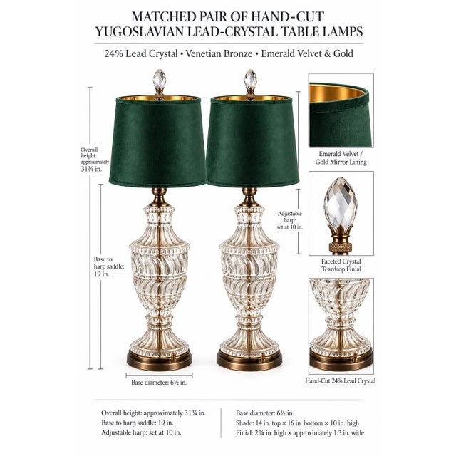 Hollywood Regency Mid 20th Century Coordinated Trio of Yugoslavian Crystal Lamps With Emerald Velvet Shades - Set of 3 For Sale - Image 3 of 11