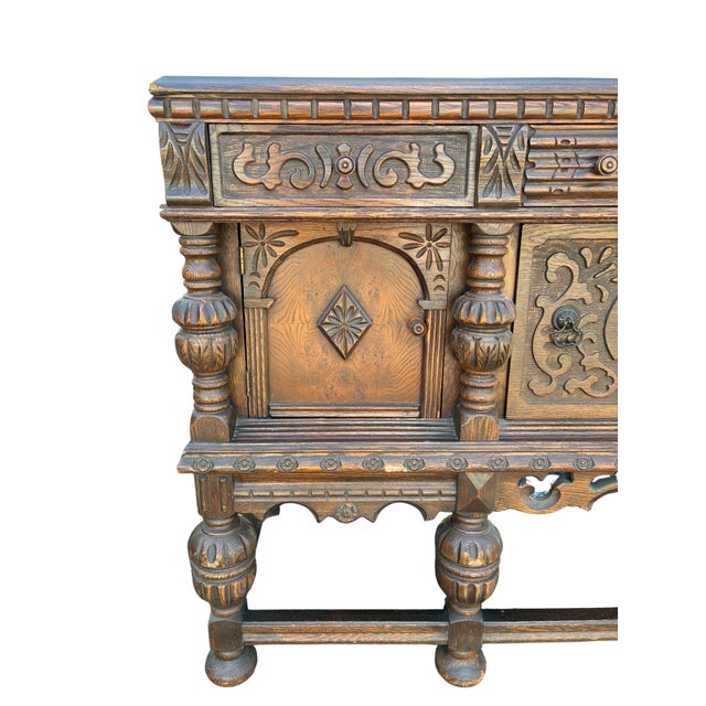Early 20th Century Jacobean Revival Carved Oak Buffet Sideboard For Sale - Image 4 of 12