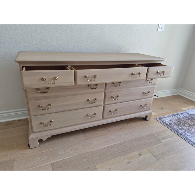 English 1990s Durham Furniture Co. Custom Finished Solid Cherry Triple Dresser in Weathered Tan With Aged Brass Hardware For Sale - Image 3 of 17