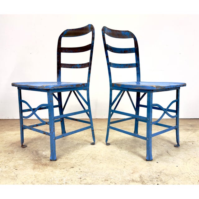 Antique Industrial Steel & Oak Chairs by Angle Steel Stool Co / K M Supply Company in Vivid Blue For Sale In New York - Image 6 of 12