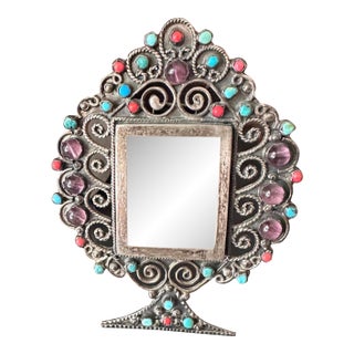 Vintage Sterling Silver Taxco Picture Frame, Turquoise Coral Amethyst Gemstones For Sale