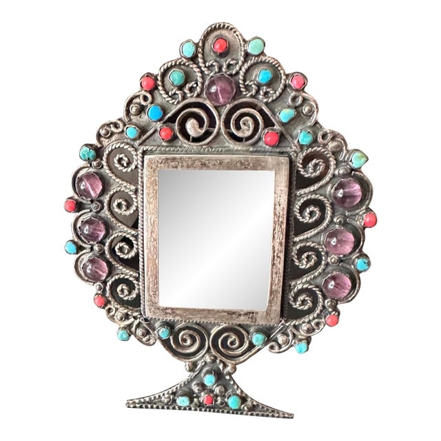Vintage Sterling Silver Taxco Picture Frame, Turquoise Coral Amethyst Gemstones For Sale