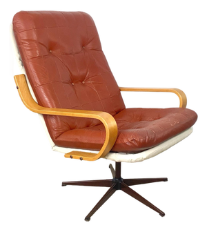 Mid-Century Style Tufted Upholstery and Bentwood Swivel Lounge Chair