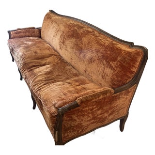 Vintage French Provincial Sofa in Rich Copper Crushed Velvet With Carved Wood Details and Cabriole Legs. Elegant, Warm, and Timeless. For Sale