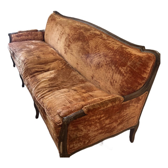 Vintage French Provincial Sofa in Rich Copper Crushed Velvet With Carved Wood Details and Cabriole Legs. Elegant, Warm, and Timeless. For Sale